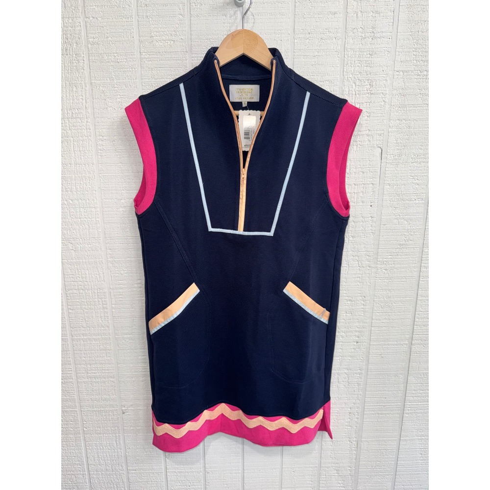 Simply Southern Dress Women Navy Pink Quarter Zip Sleeveless Ribbed Shift Small